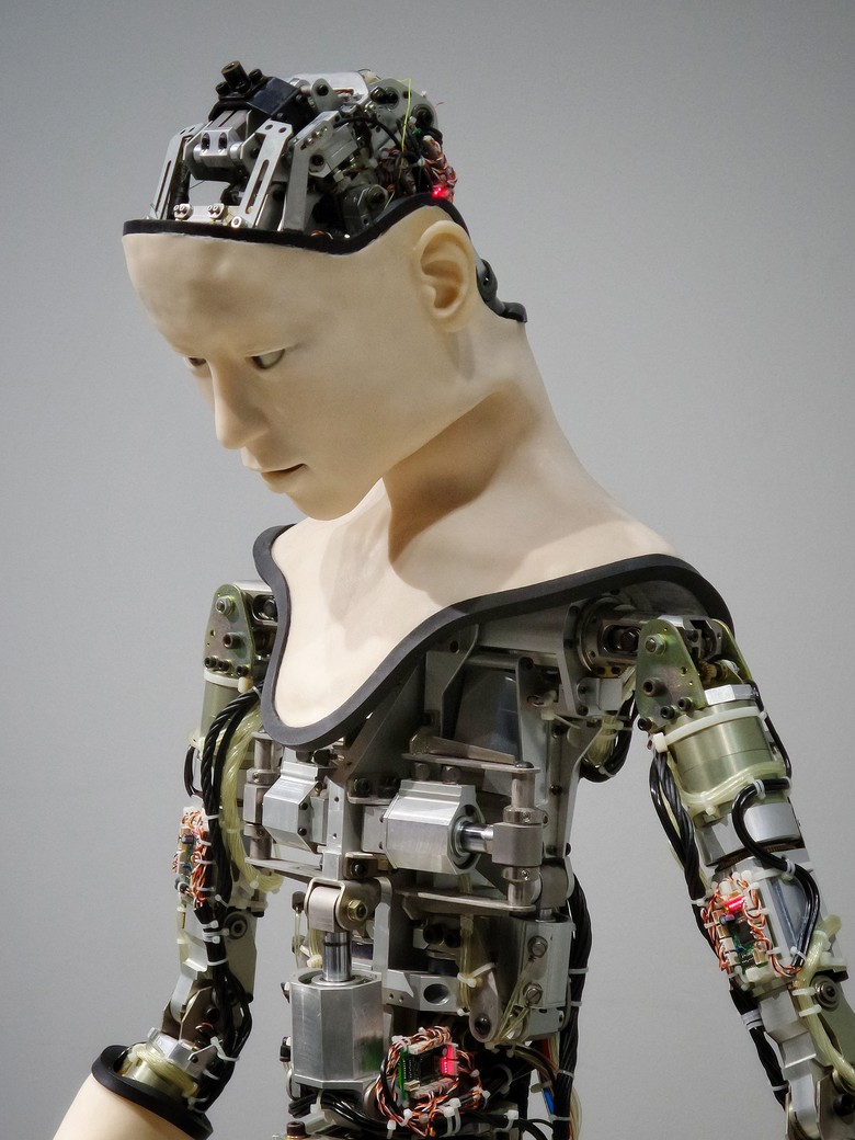 Gezeigt wird ein Roboter mit teils mechanischer, teils menschlicher Gestalt.