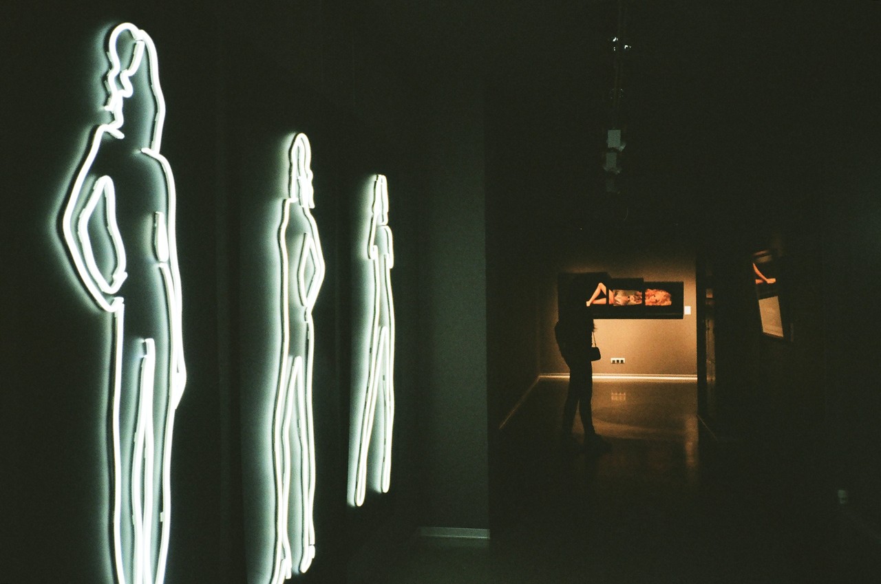 Die Silhouette einer Person steht in einem Ausstellungsraum zwischen lichthinterlegten Exponaten.