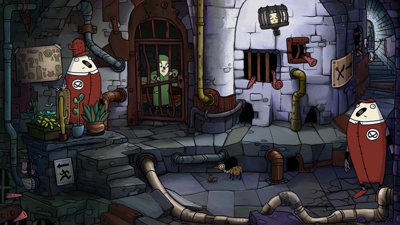 Zu erkennen ist ein Szene Aus "The Inner World 2". Eine Flötennase sitzt hinter einer Gittertür, während zwei Asposier in roten Uniformen mit Brezelsymbolen diese bewachen.