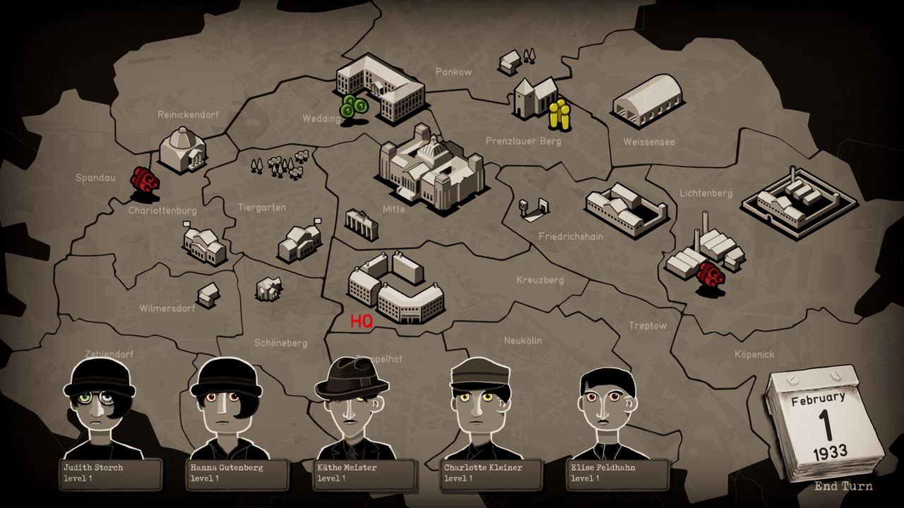 Zu erkennen ist die Stadtkarte Berlins aus dem Spiel "Through the Darkest of Times", auf welcher mehrere wichtige Orte für die Widerstandsgruppe markiert sind.