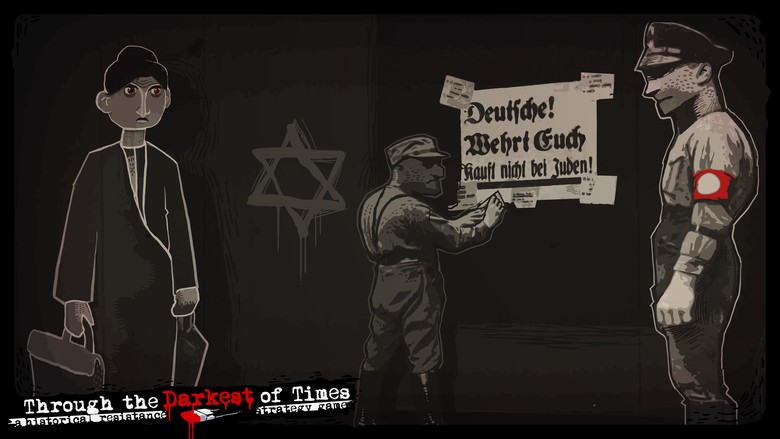 Zu erkennen ist eine Szene aus dem Game "Through the Darkest of Times". Zwei Personen in Uniform, bringen Nationalsozialistische Propaganda an einer Wand an, während eine Zivilperson daran vorübergeht.